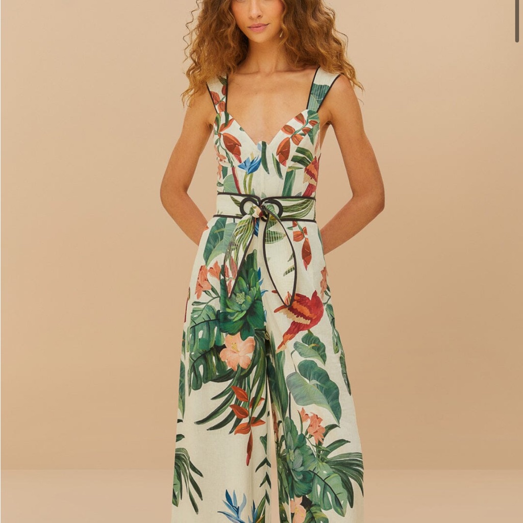 Farm Rio Green And Red Tropical Jumpsuit With Wide-Leg Pants